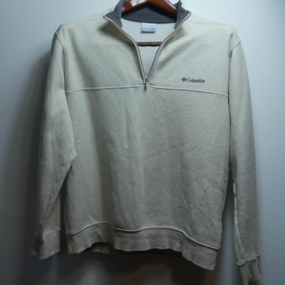 Columbia Mens Cream Pullover 1/4 Zip M Cotton Blend Sweatshirt Mock Neck